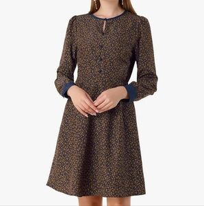 Allegra K Long Sleeve Keyhole A-Line Dress - Blue and Brown